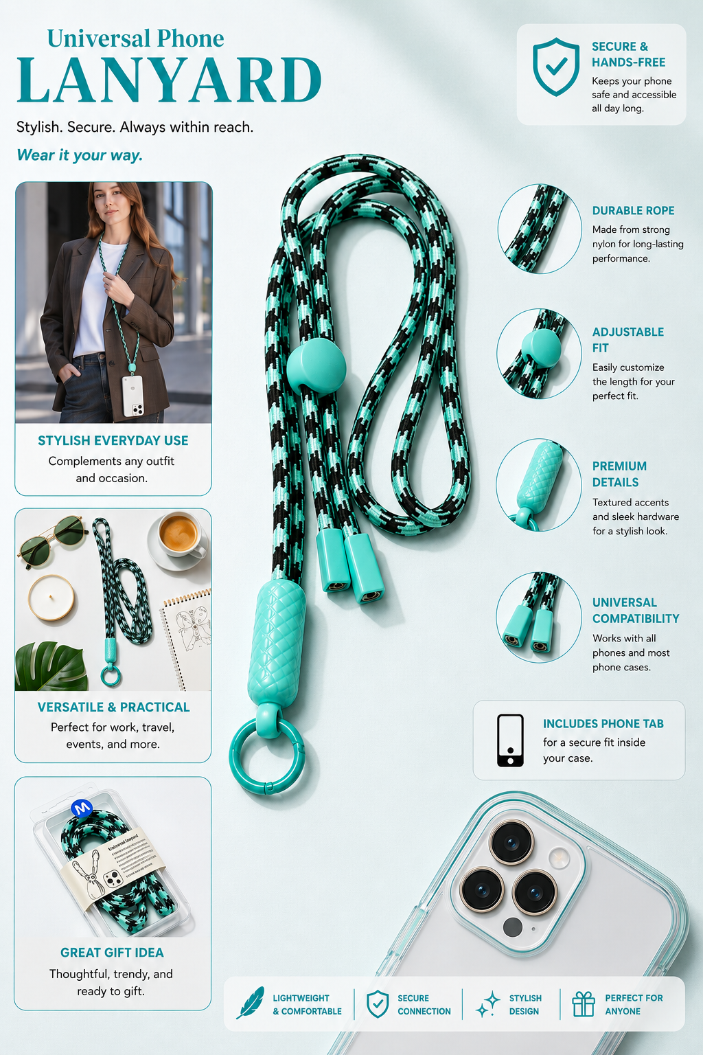 Mint Green & Black Crossbody Phone Lanyard