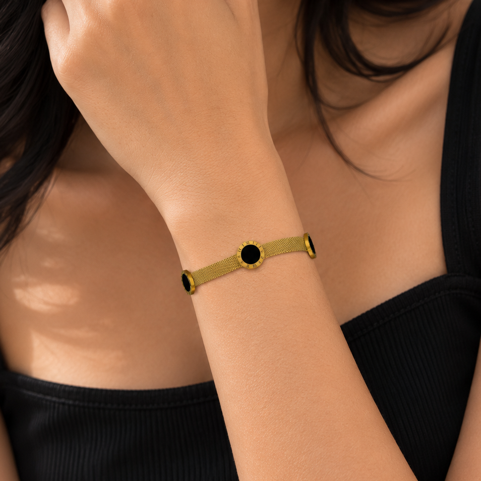 Golden Black Circle Mesh Bracelet