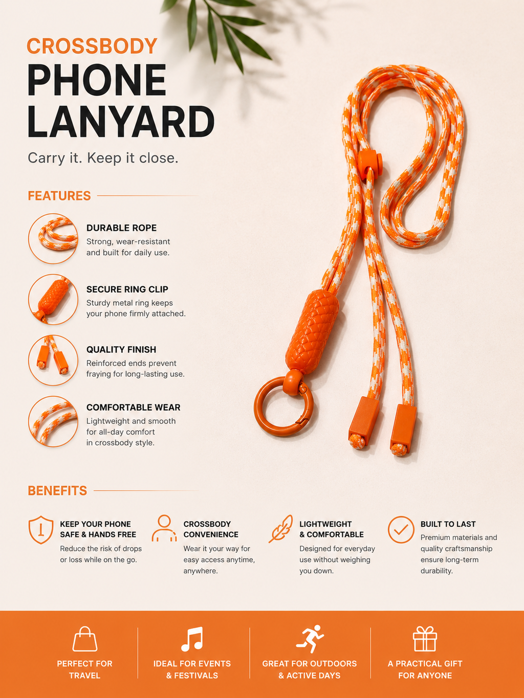 Orange & white Crossbody Phone Lanyard