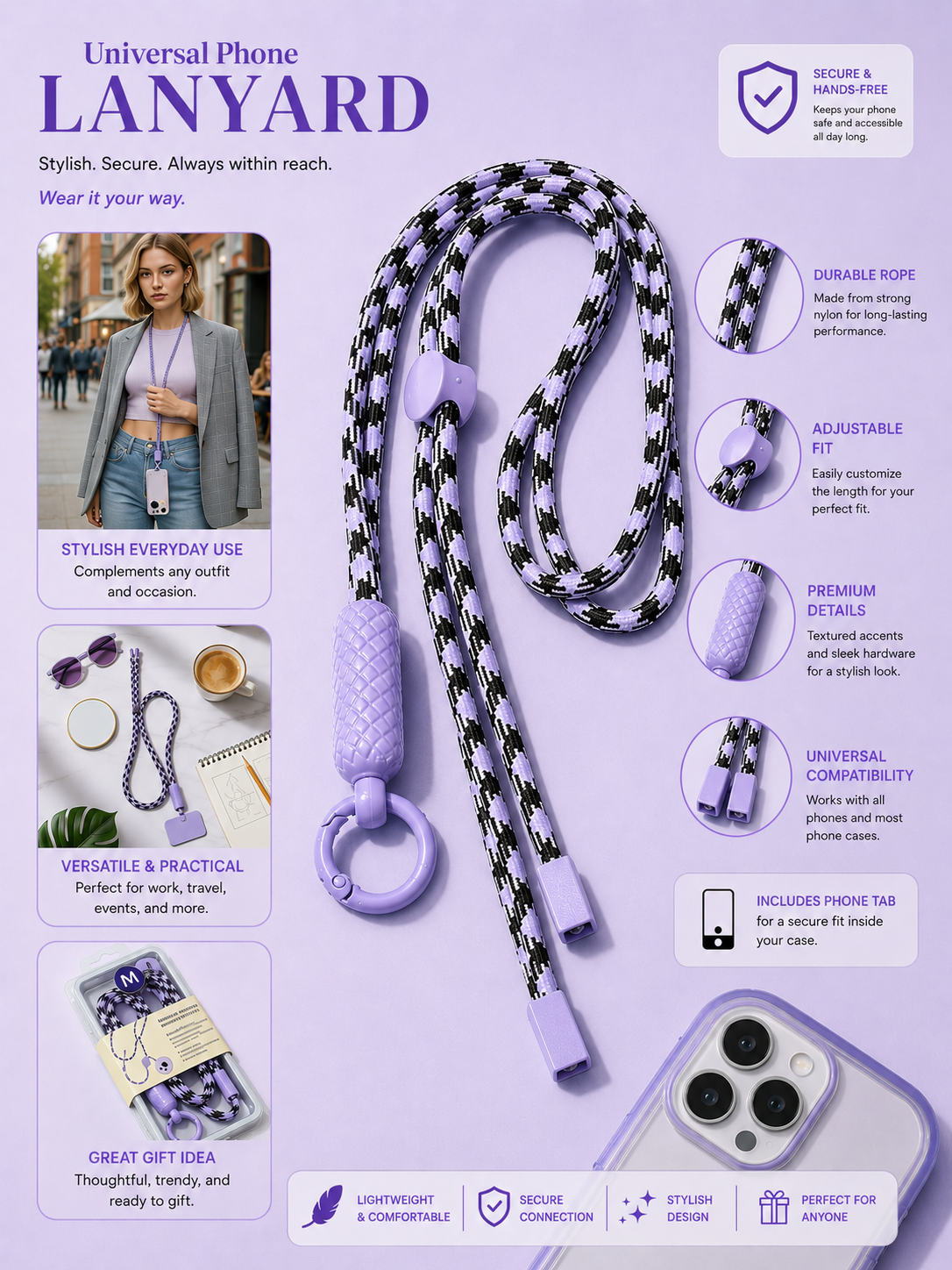 Lavender and Black Crossbody Phone Lanyard