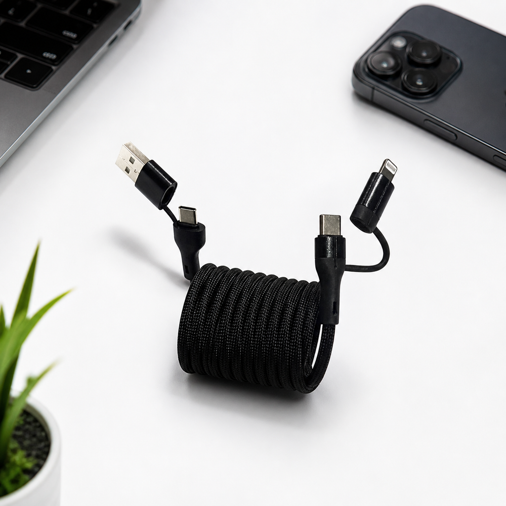 2 Meter 4-in-1 Self-Winding Magnetic Cable – Fast Charging Multi Device Cable (Black)