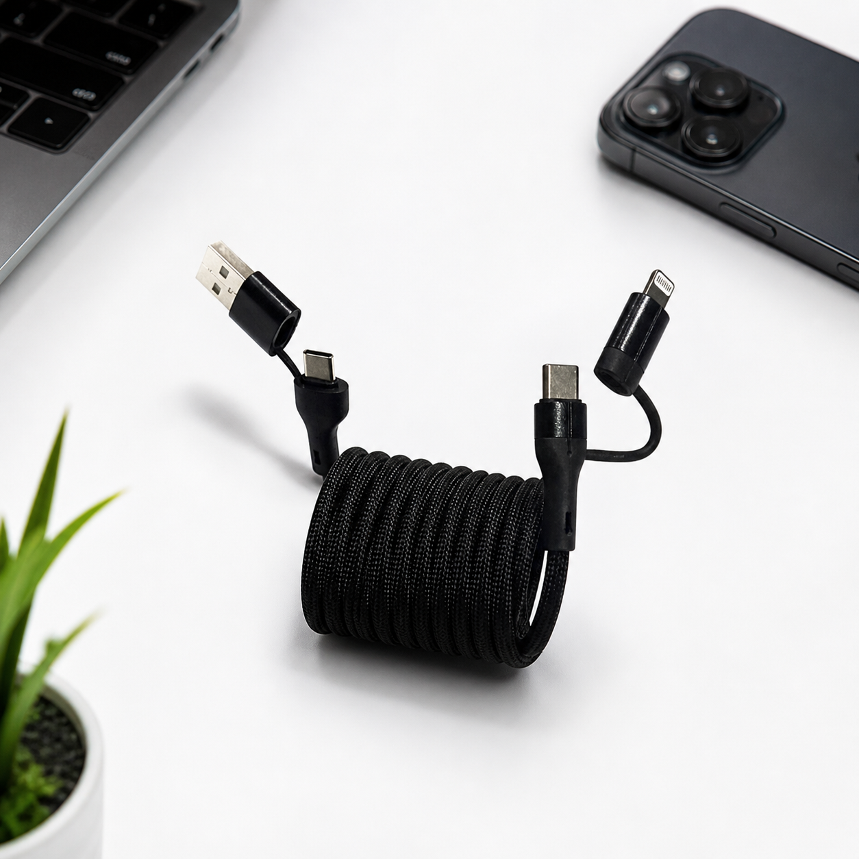 2 Meter 4-in-1 Self-Winding Magnetic Cable – Fast Charging Multi Device Cable (Black)