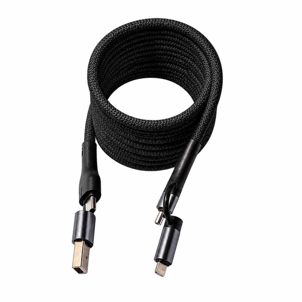 2 Meter 4-in-1 Self-Winding Magnetic Cable – Fast Charging Multi Device Cable (Black)