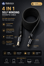 2 Meter 4-in-1 Self-Winding Magnetic Cable – Fast Charging Multi Device Cable (Black)
