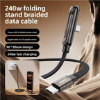 240W USB-C Fast Charging Cable with Foldable Stand – 90° Elbow Braided Type-C Cable for Gaming & Laptops