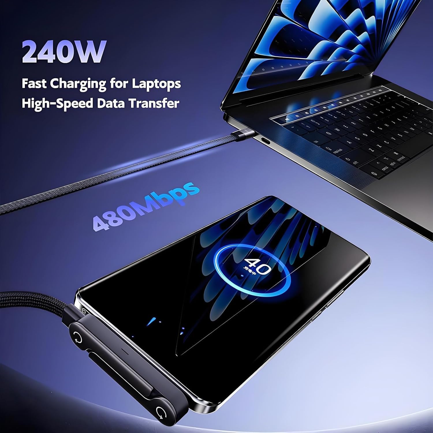 240W USB-C Fast Charging Cable with Foldable Stand – 90° Elbow Braided Type-C Cable for Gaming & Laptops