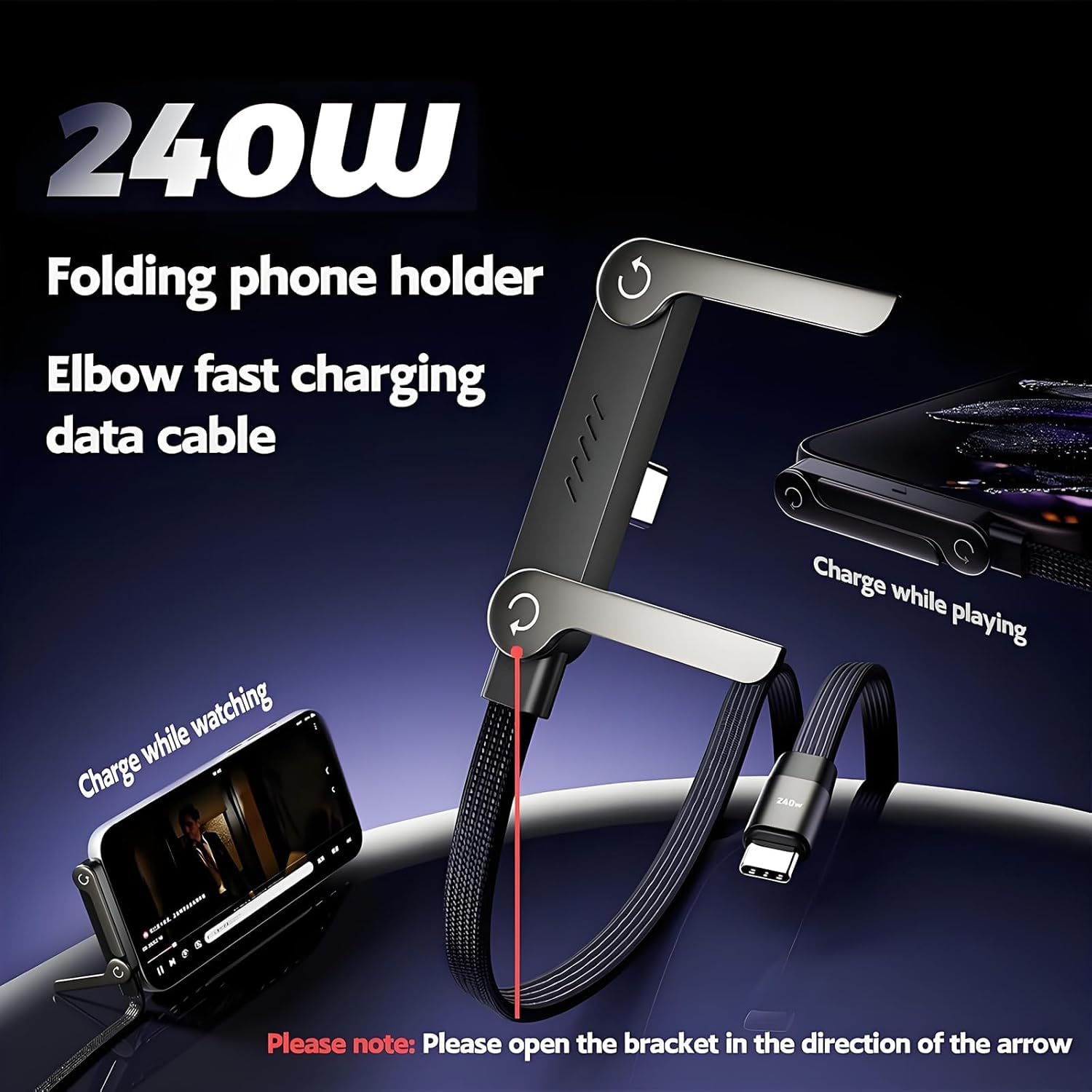 240W USB-C Fast Charging Cable with Foldable Stand – 90° Elbow Braided Type-C Cable for Gaming & Laptops