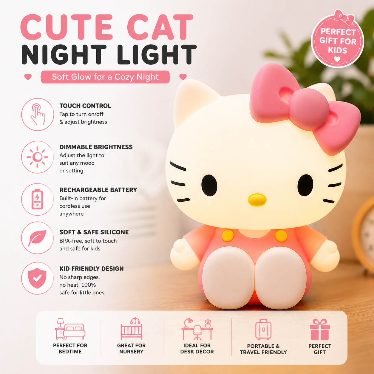 Hello Kitty Rechargeable Silicone LED Night Light | Touch Lamp