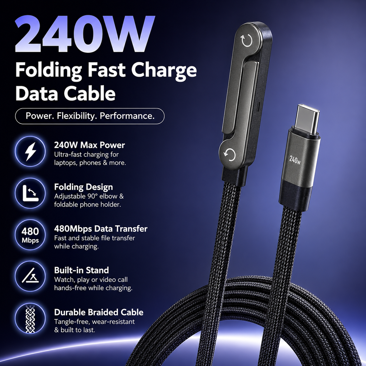 240W USB-C Fast Charging Cable with Foldable Stand – 90° Elbow Braided Type-C Cable for Gaming & Laptops