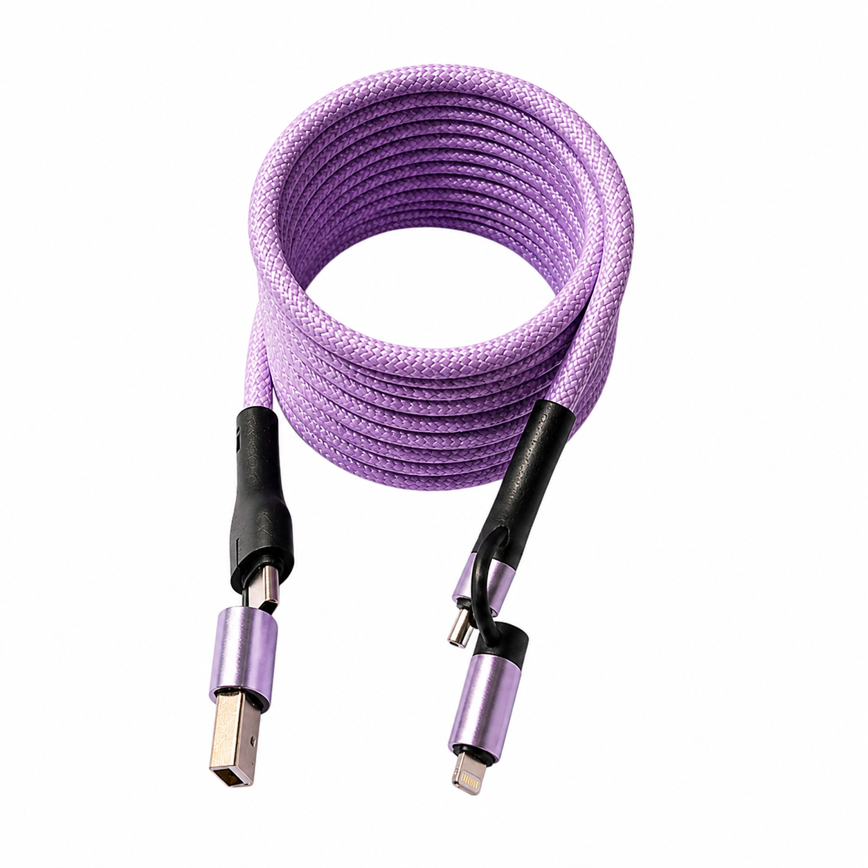 2 Meter 4-in-1 Self-Winding Magnetic Cable – Fast Charging Multi Device Cable (Lavender)