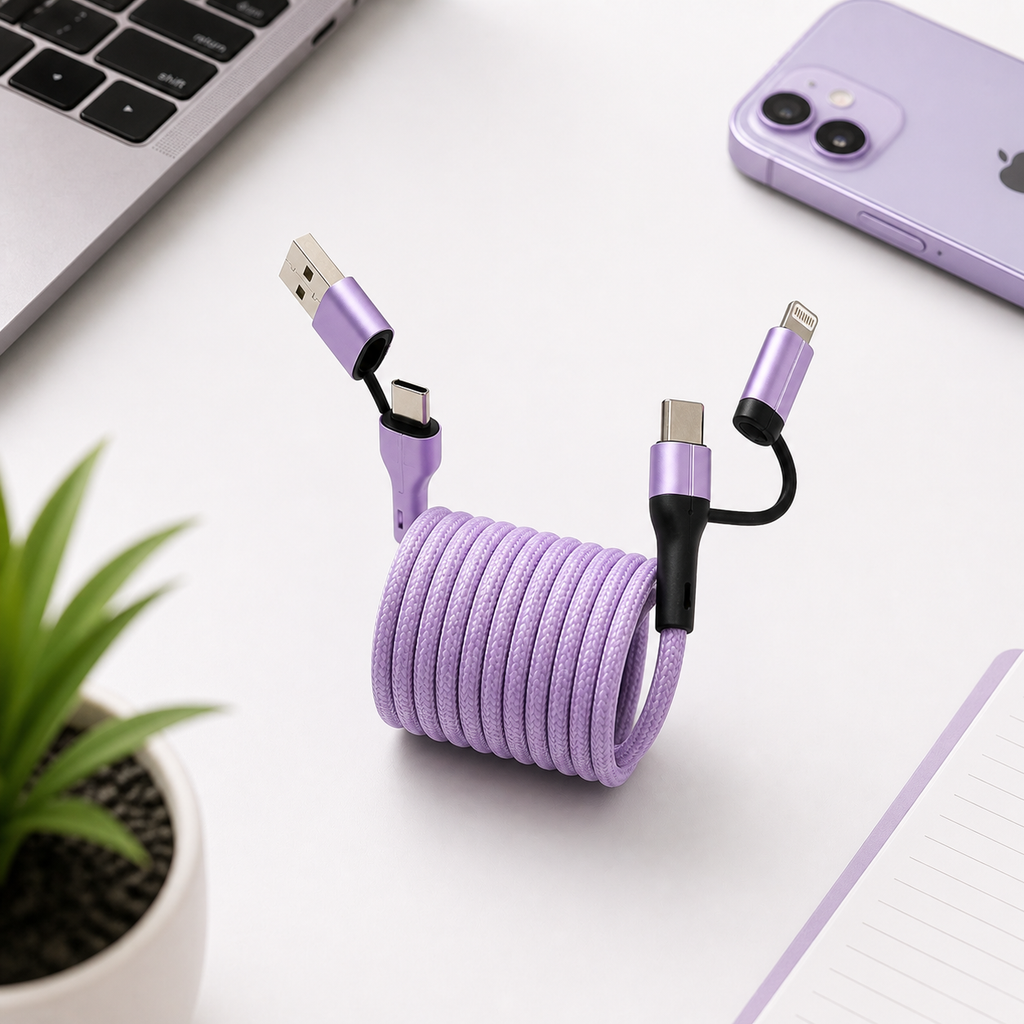 2 Meter 4-in-1 Self-Winding Magnetic Cable – Fast Charging Multi Device Cable (Lavender)