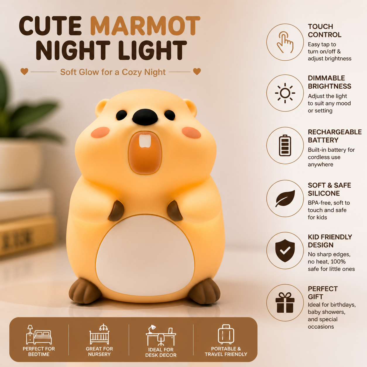 Marmot Rechargeable Silicone LED Night Light | Touch Lamp