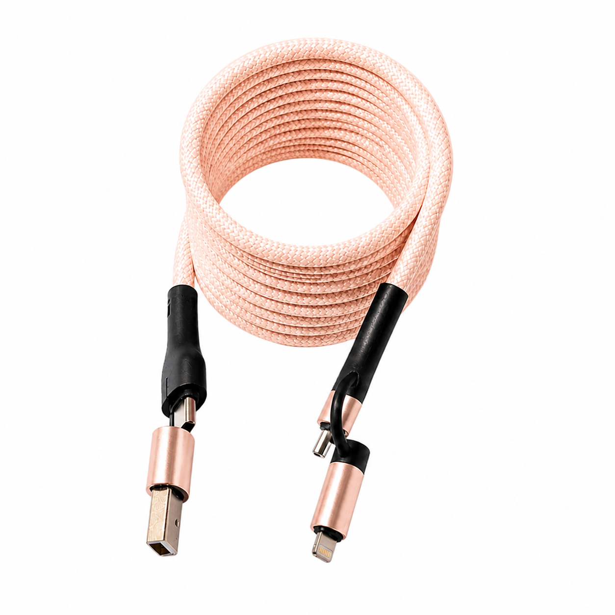 2 Meter 4-in-1 Self-Winding Magnetic Cable – Fast Charging Multi Device Cable (Peach)