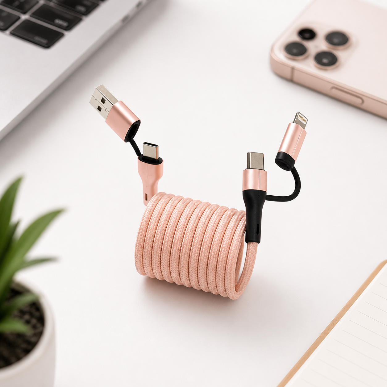2 Meter 4-in-1 Self-Winding Magnetic Cable – Fast Charging Multi Device Cable (Peach)