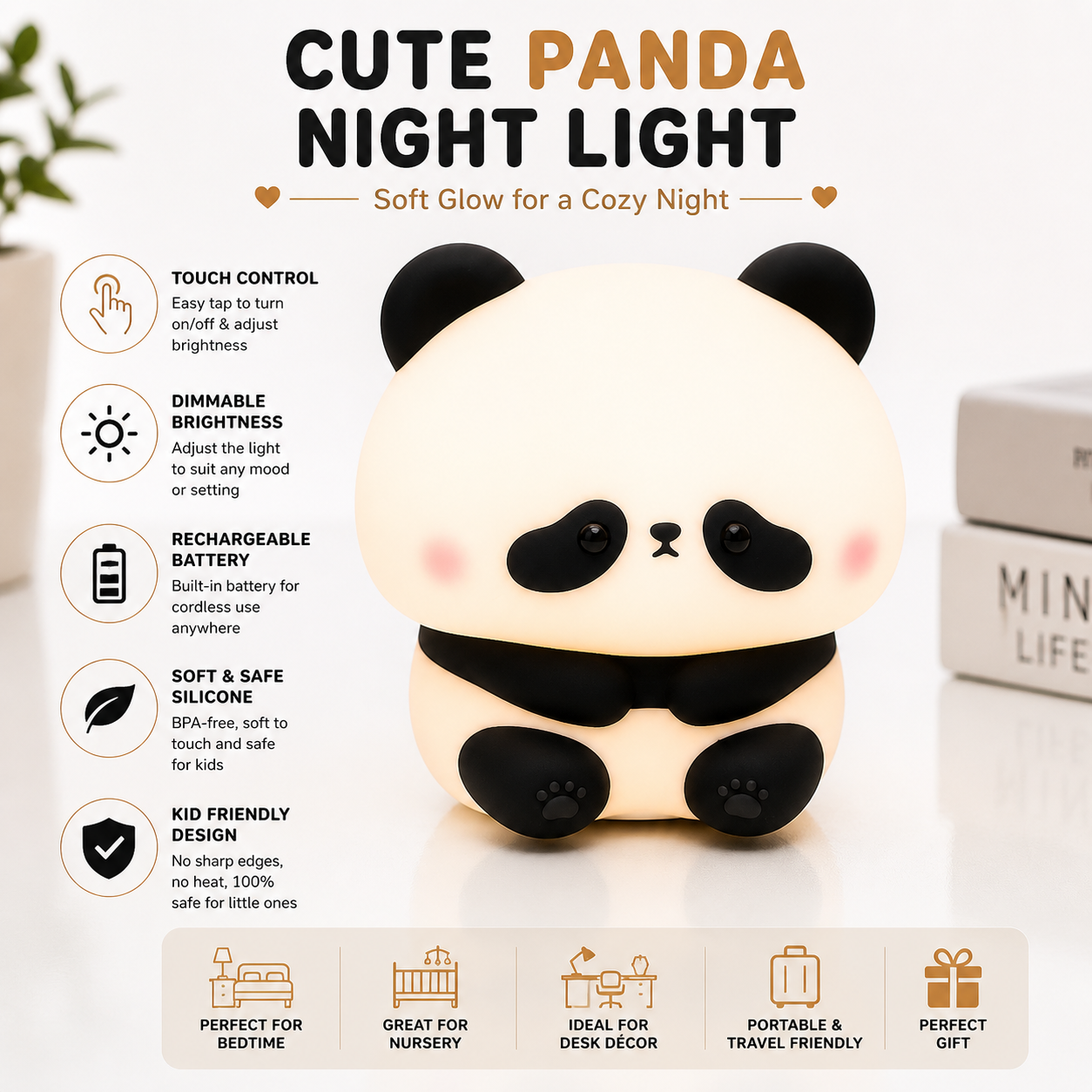 Cute Panda Rechargeable Silicone LED Night Light | Touch Lamp
