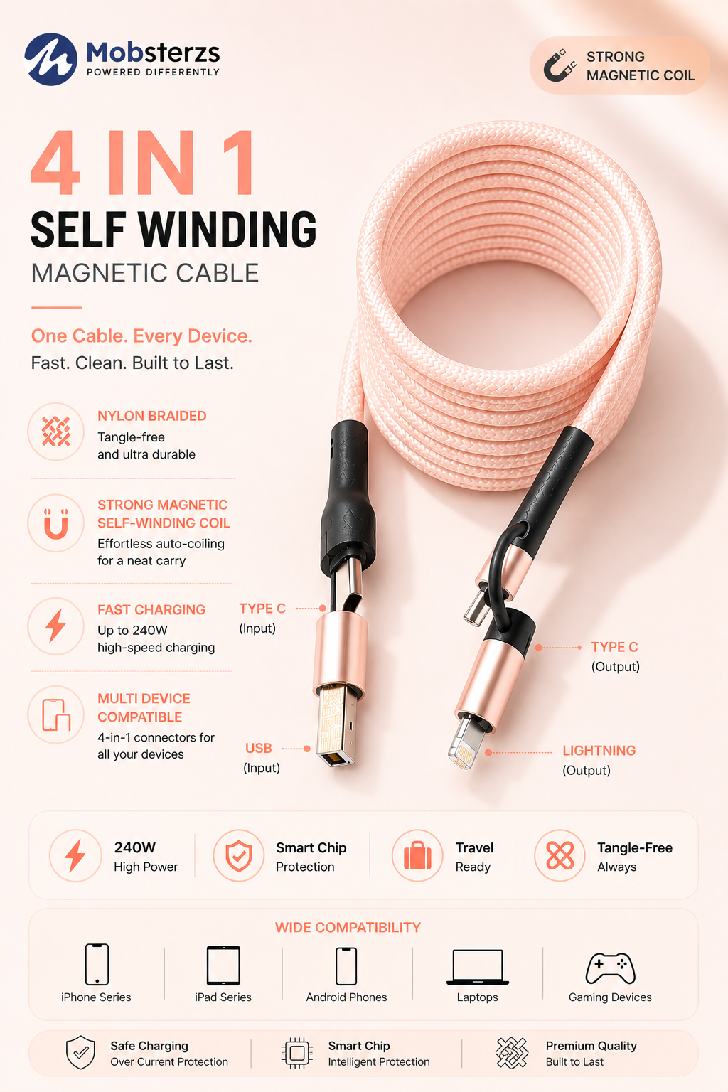 2 Meter 4-in-1 Self-Winding Magnetic Cable – Fast Charging Multi Device Cable (Peach)