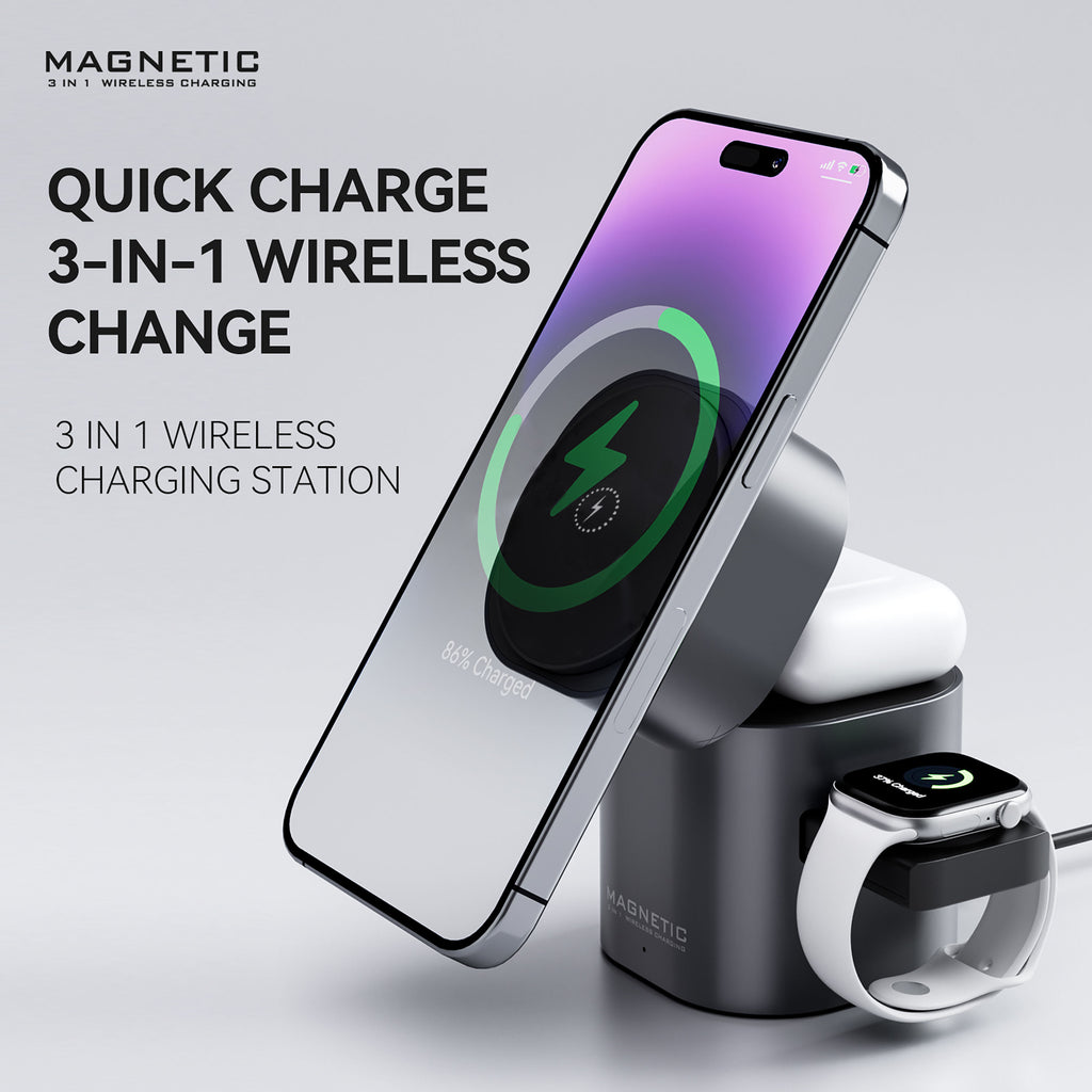 3-in-1 Magnetic Wireless Charging Station, 15W Fast Charger for Phone, Watch & Earbuds