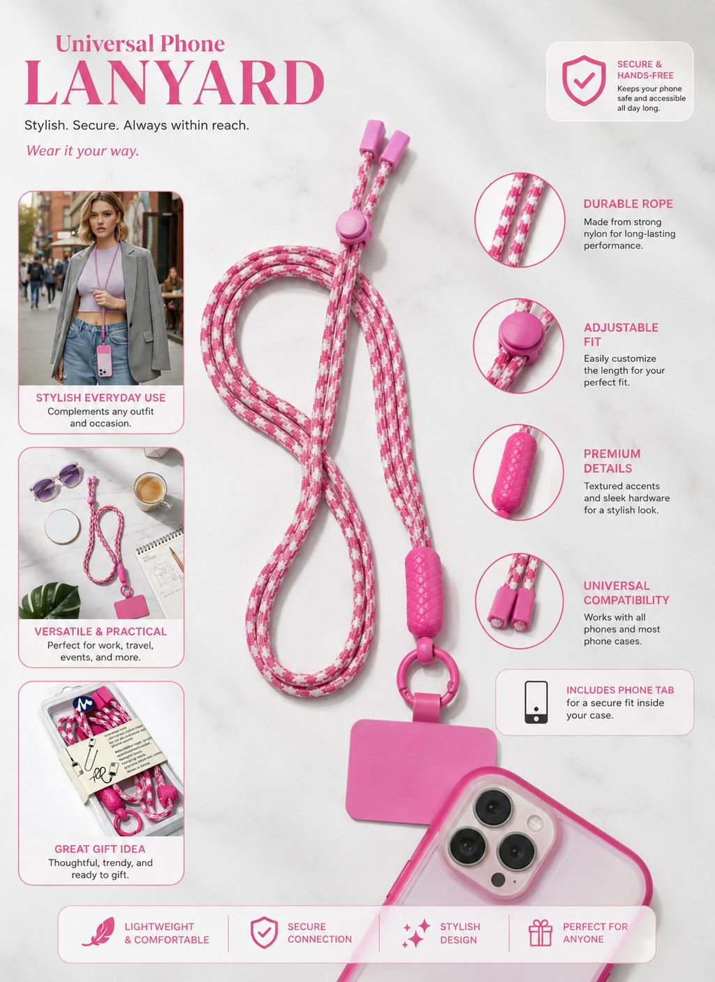 Hot Pink & White Crossbody Phone Lanyard