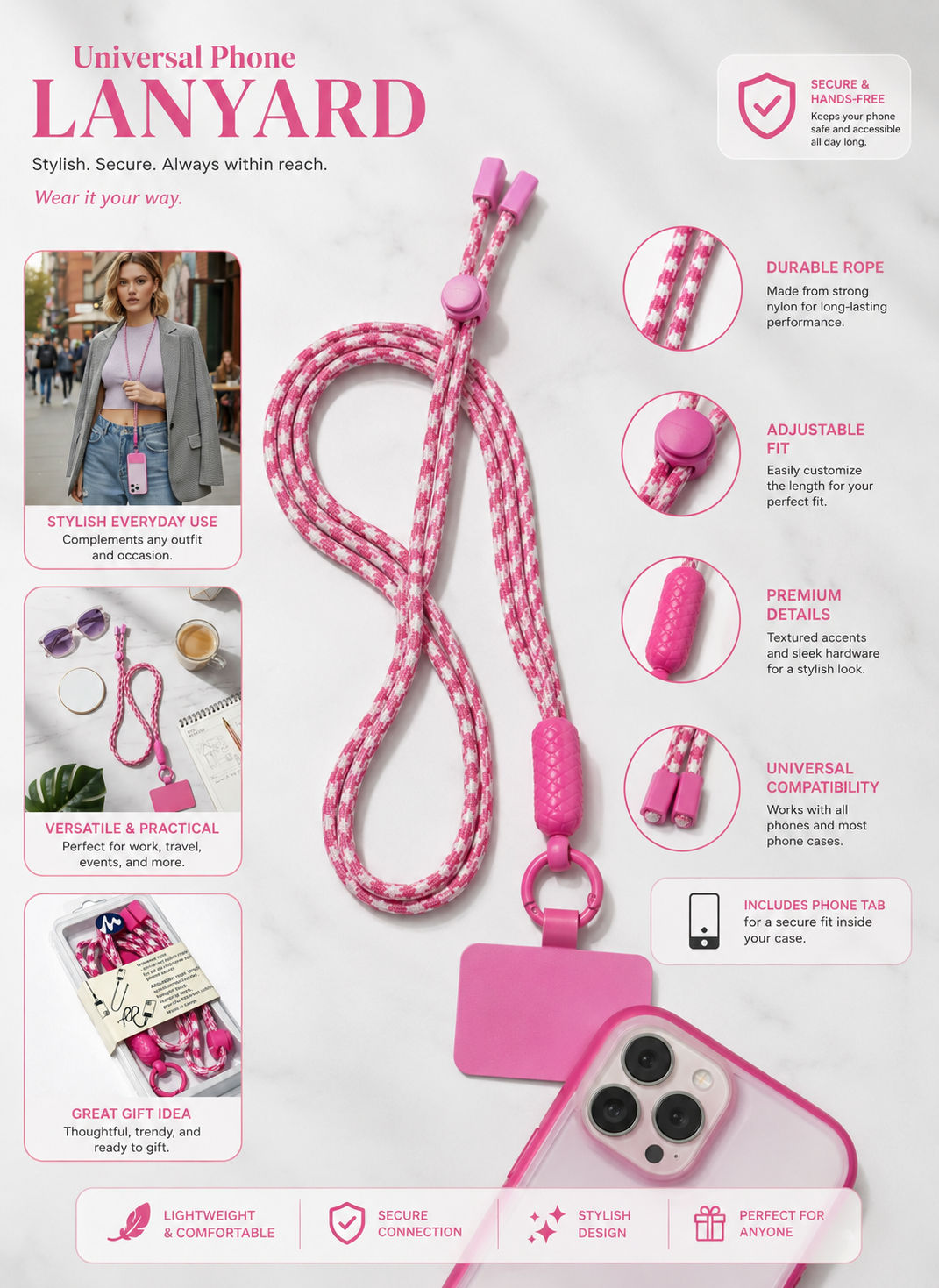 Hot Pink & White Crossbody Phone Lanyard