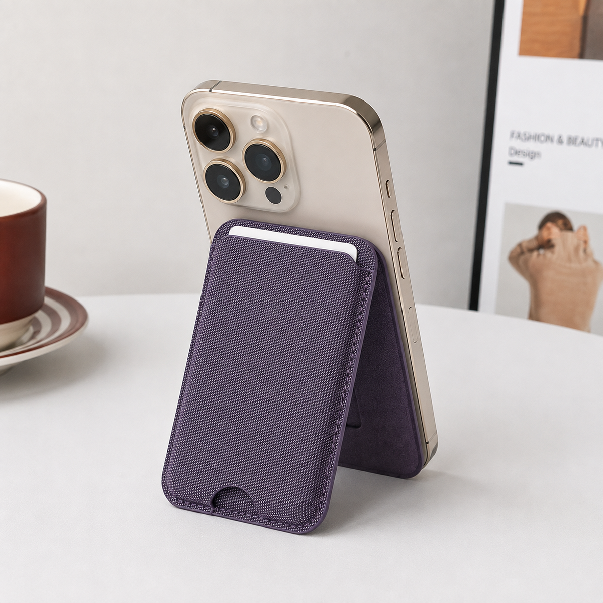Slim Textile MagSafe Card Holder – 4 Cards | N52 Magnetic - Plum