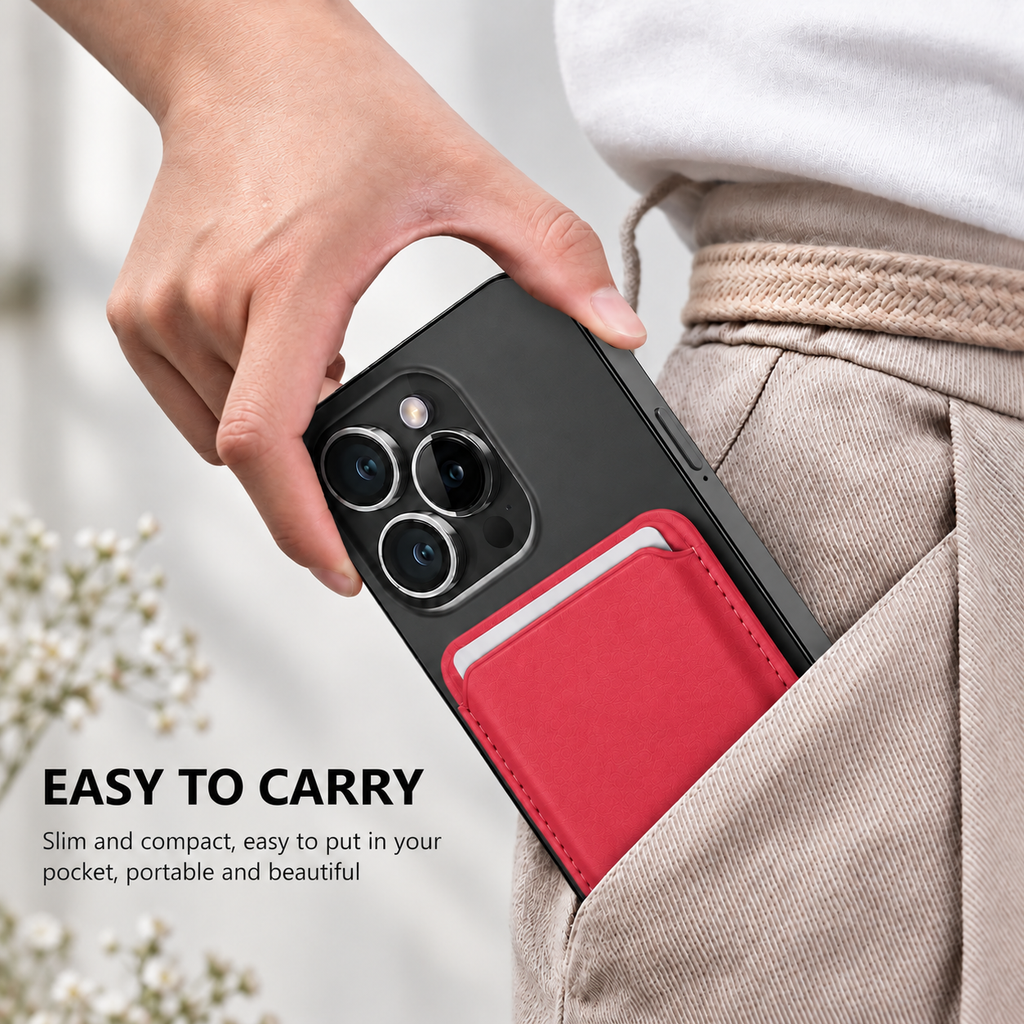 Premium Magnetic Leather Card Holder | N52 Magnet & RFID Block - Red
