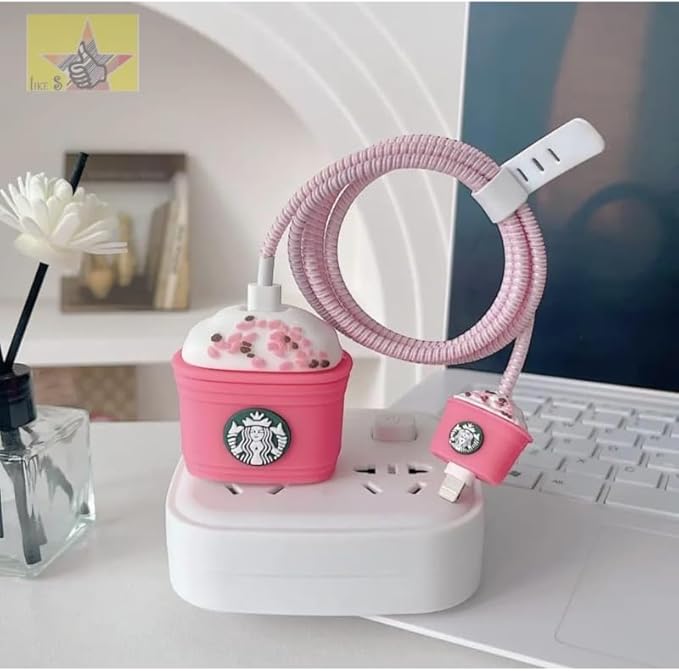 Starbucks-themed pink Charger & Cable Protective Case