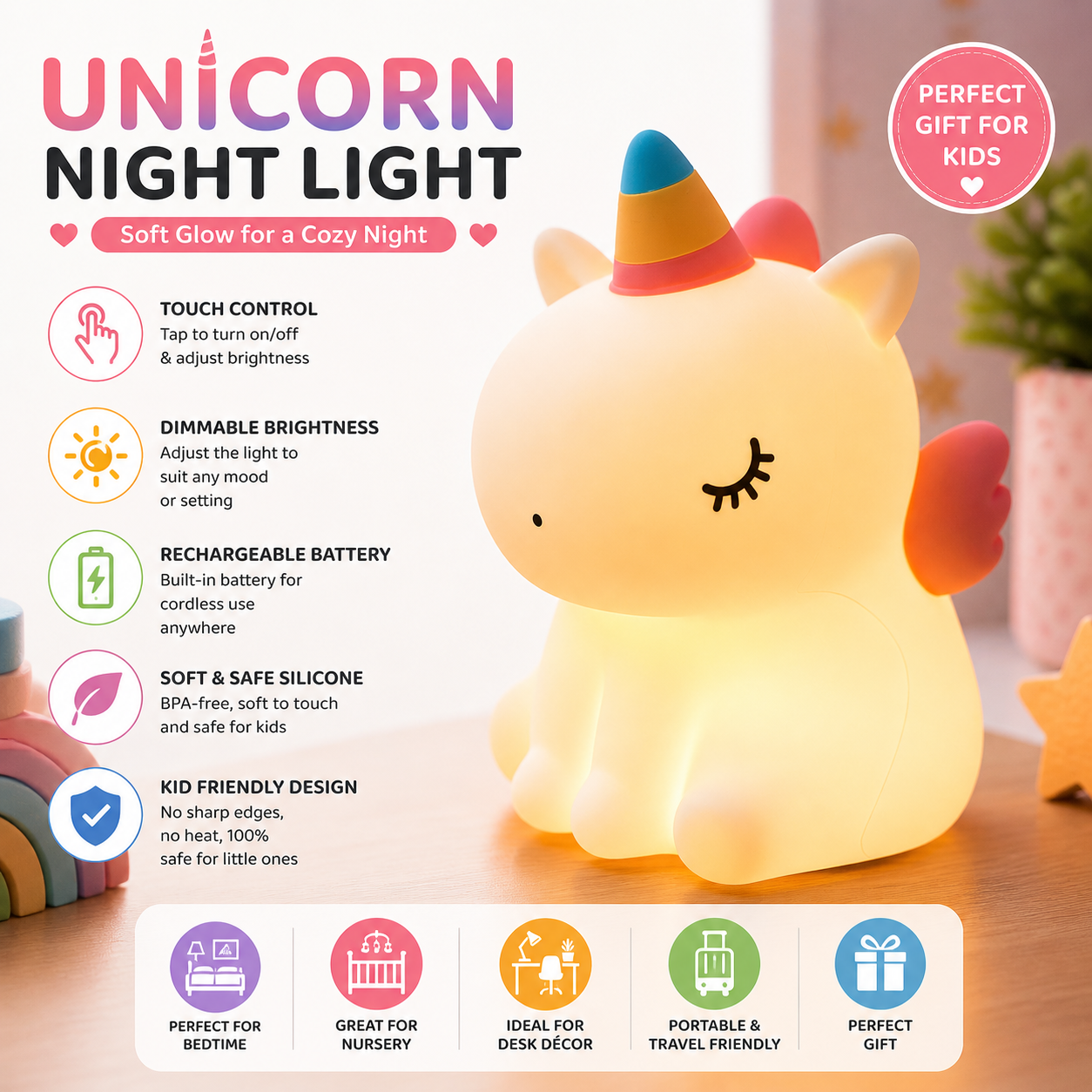Unicorn Rechargeable Silicone LED Night Light | Touch Lamp