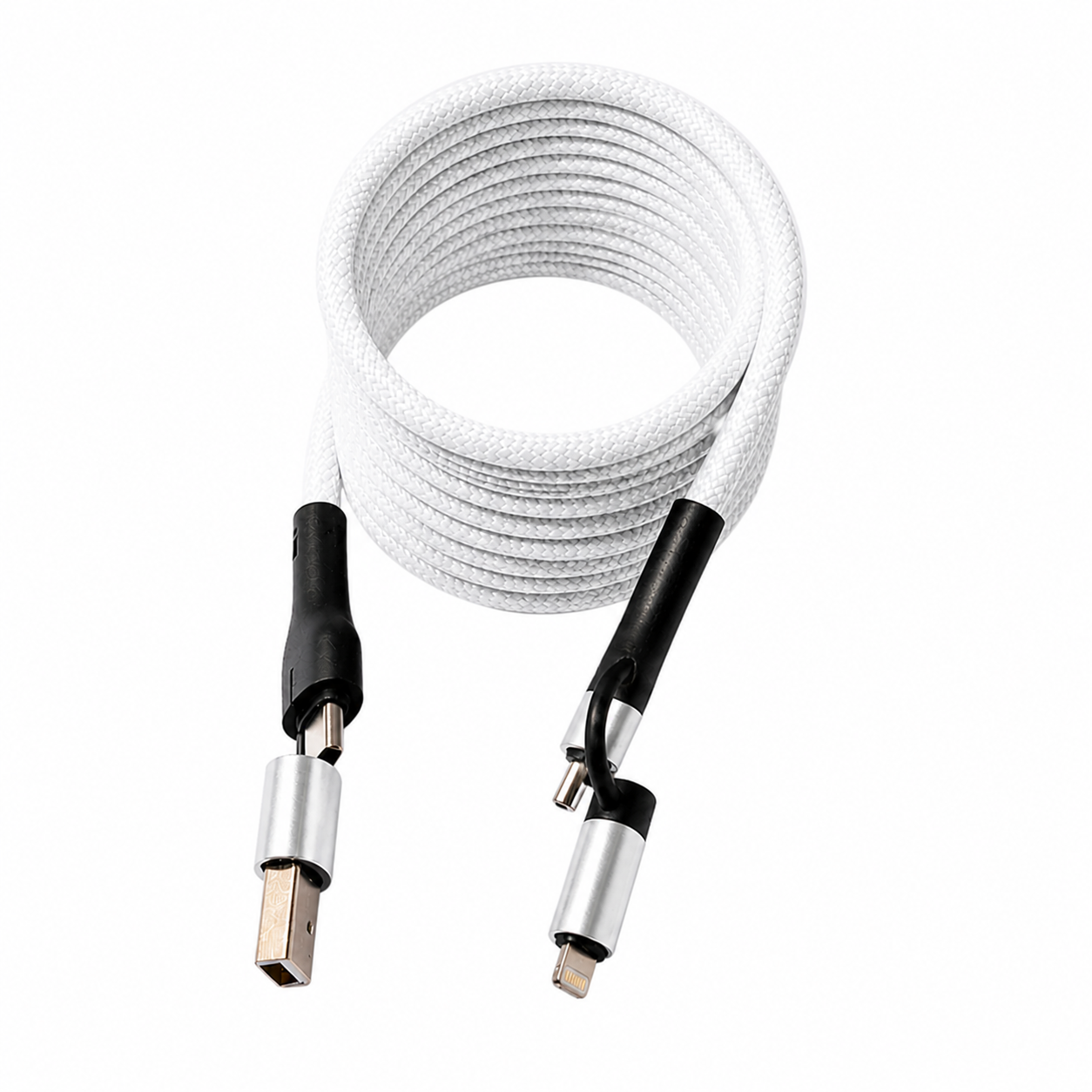 2 Meter 4-in-1 Self-Winding Magnetic Cable – Fast Charging Multi Device Cable (White)