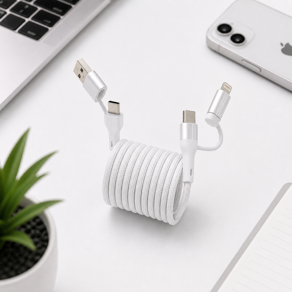 2 Meter 4-in-1 Self-Winding Magnetic Cable – Fast Charging Multi Device Cable (White)