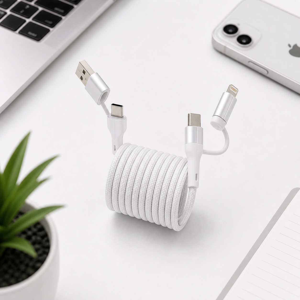 2 Meter 4-in-1 Self-Winding Magnetic Cable – Fast Charging Multi Device Cable (White)
