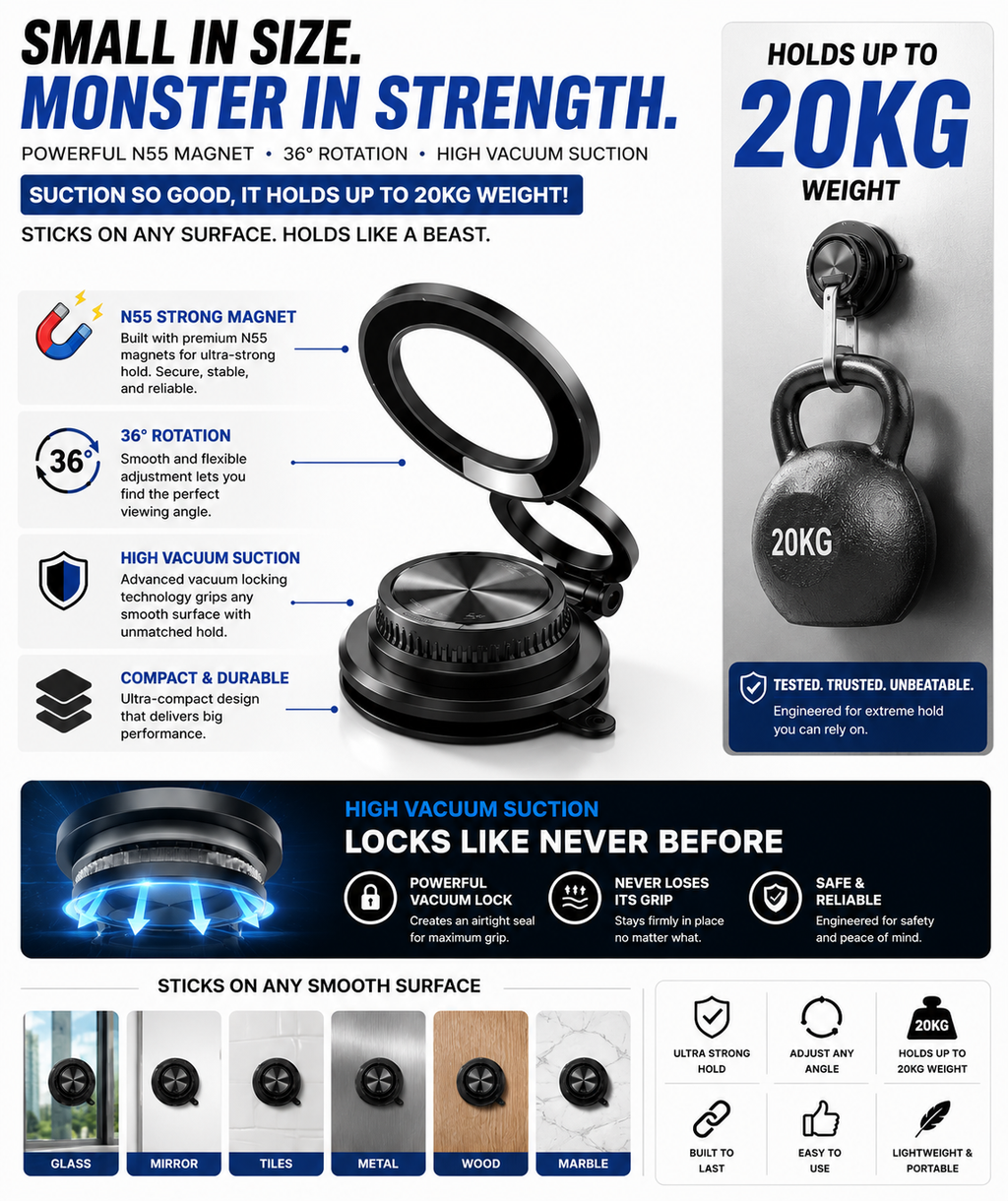 Magnetic Vacuum Phone Mount Holder – Ultra Thin, 20KG Hold, 360° Rotation (Blue)