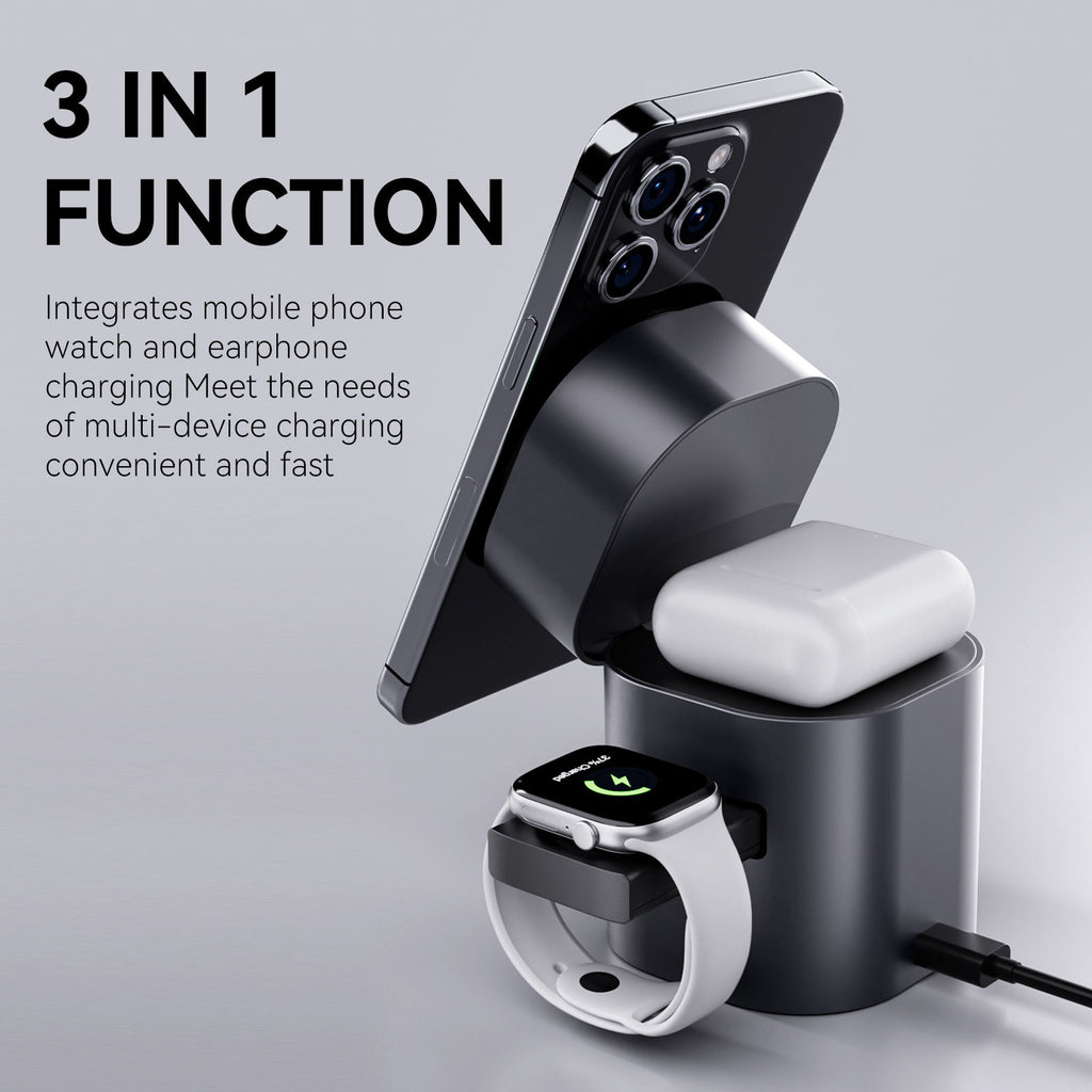 3-in-1 Magnetic Wireless Charging Station, 15W Fast Charger for Phone, Watch & Earbuds