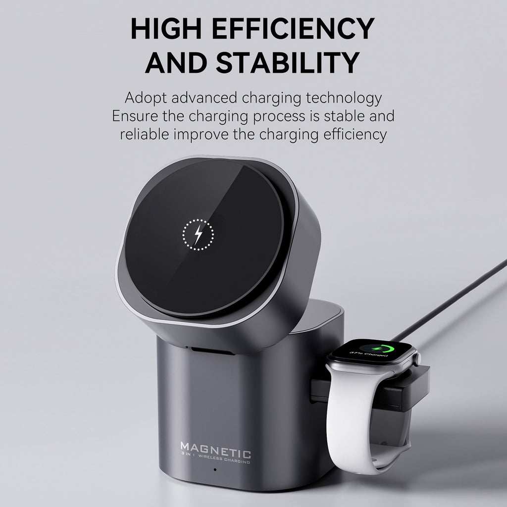 3-in-1 Magnetic Wireless Charging Station, 15W Fast Charger for Phone, Watch & Earbuds