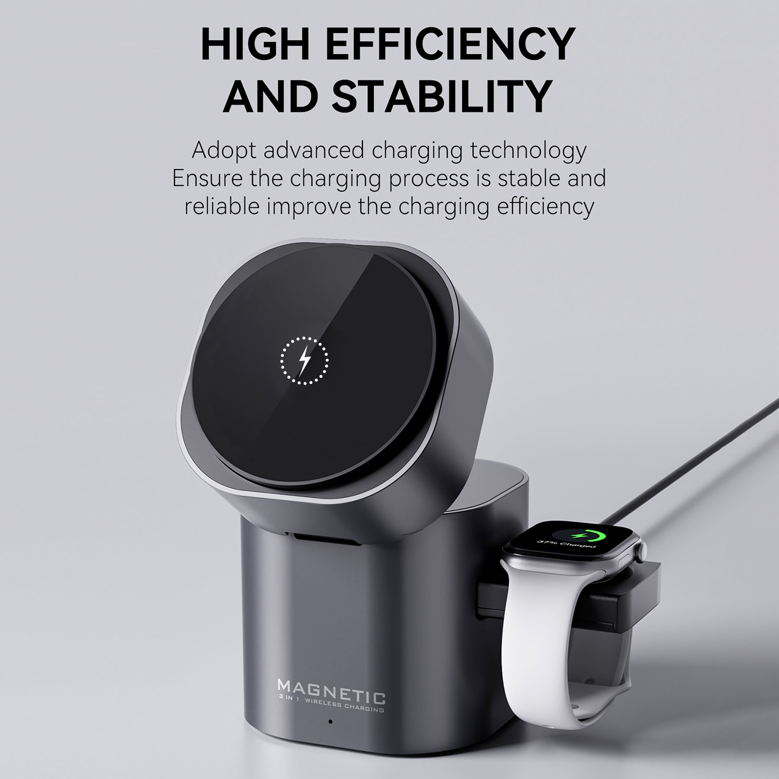 3-in-1 Magnetic Wireless Charging Station, 15W Fast Charger for Phone, Watch & Earbuds